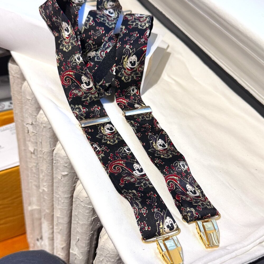 🖤✨ Rare Vintage Disney Mickey Mouse Silk Suspenders – Luxe with a Rebel Wink ✨